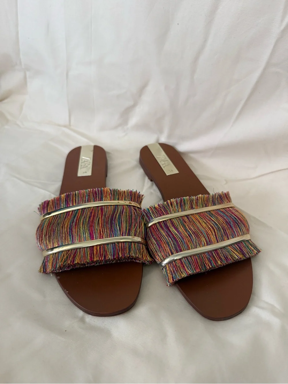Zara Multicolor Fringe Slide Sandals with Brown Footbed